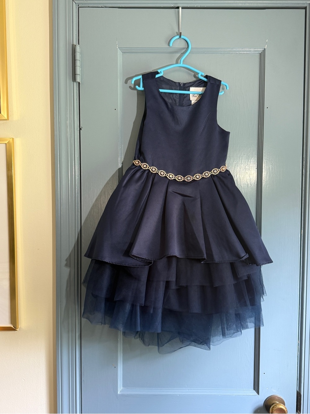 Navy Girls' Tiered Tulle Party Dress with Decorative Waist